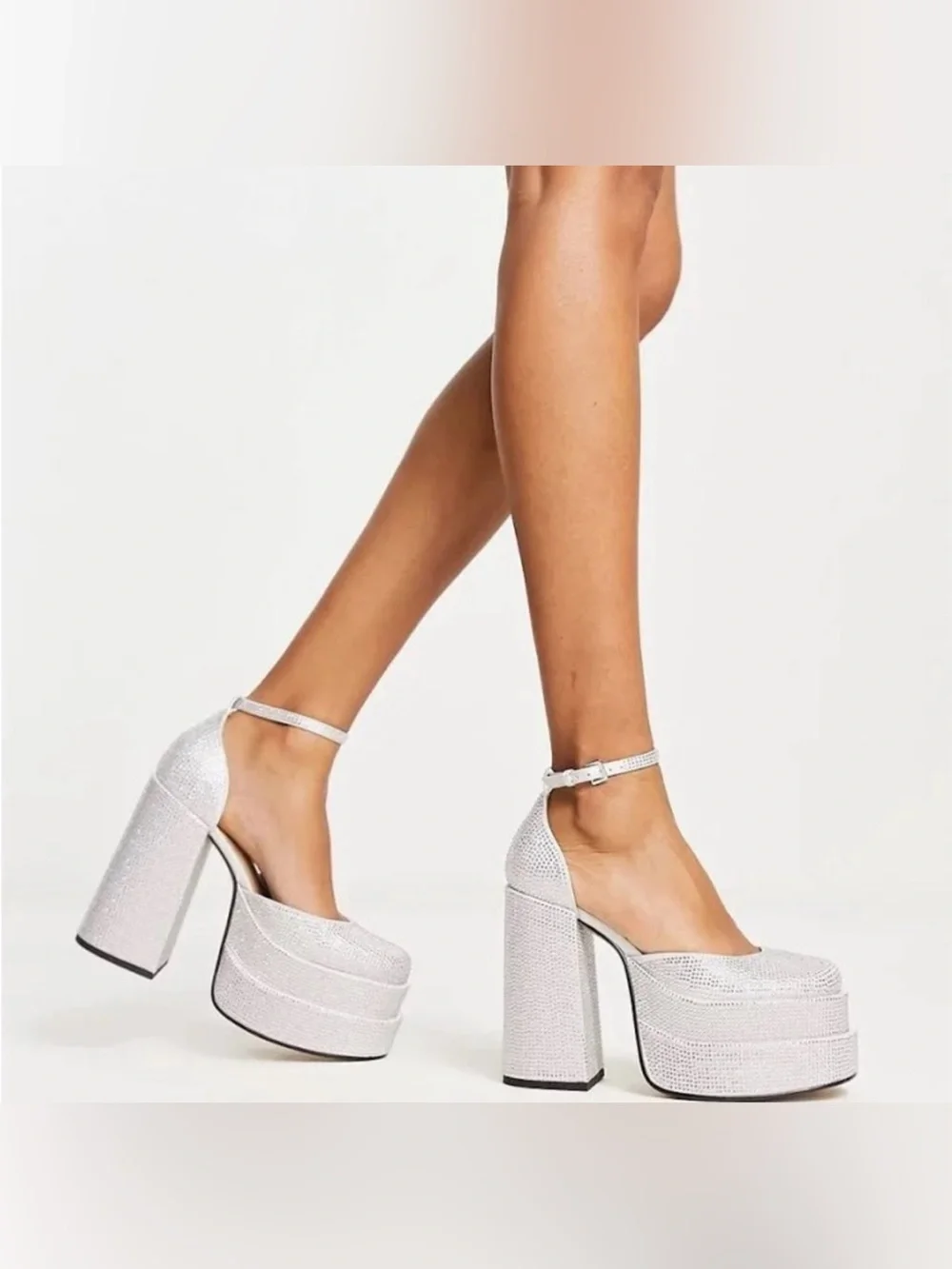 Steve Madden Silver Crystal Embellished Platform Heels with Ankle Strap